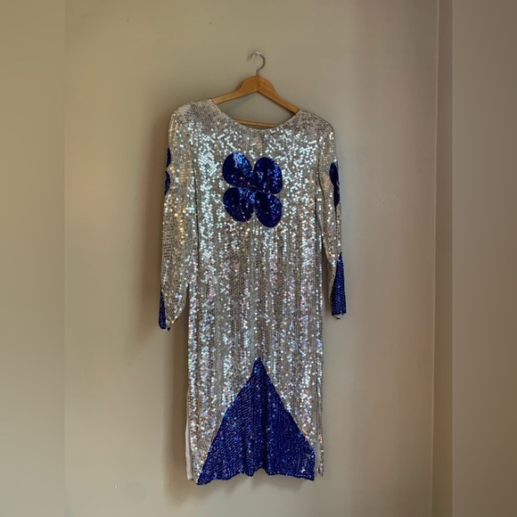 Vintage 100 % Silk Sequin Dress 80’s floral flower - Picture 7 of 11